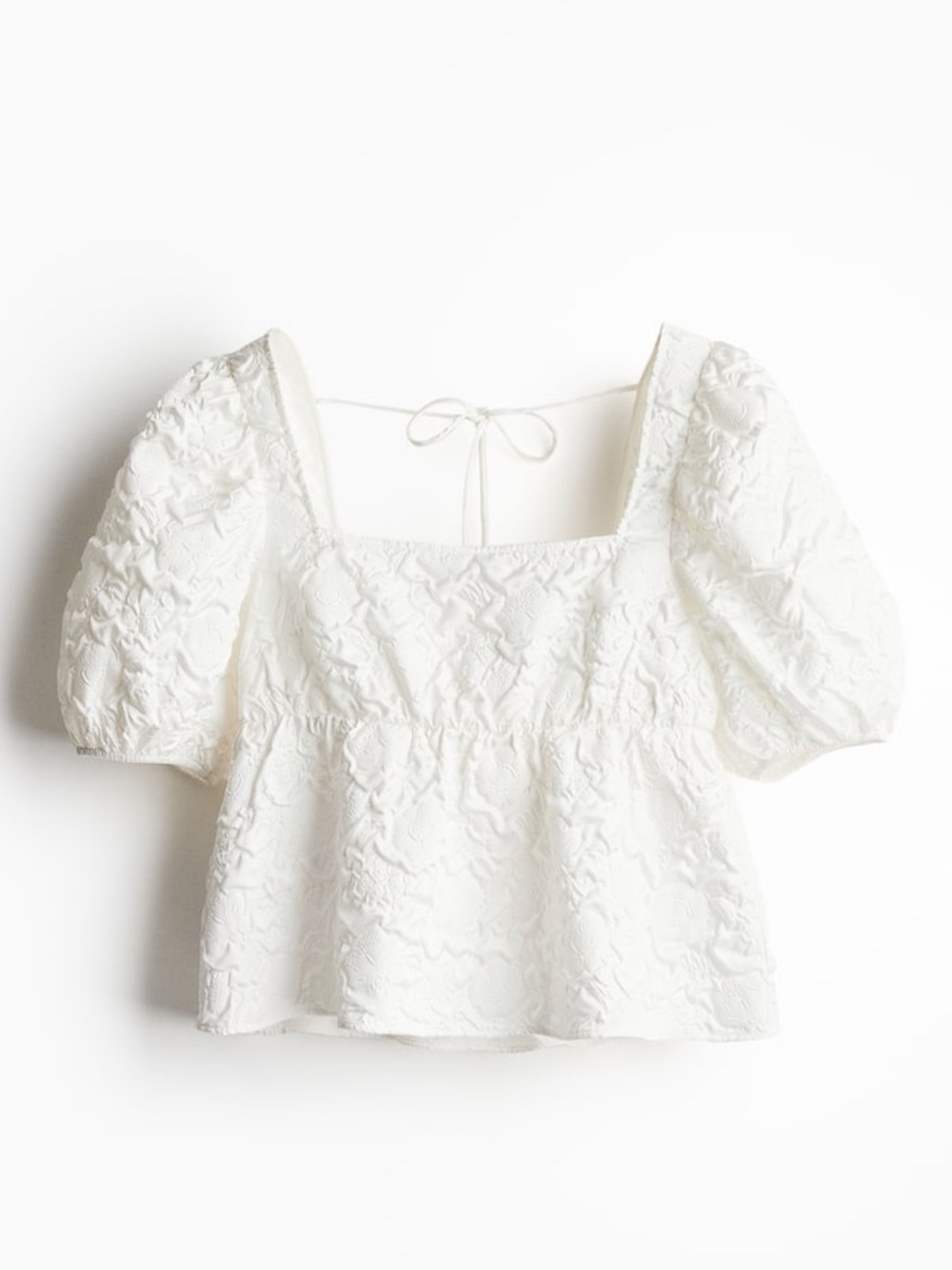H&M White Square-Neck Puff Sleeve Textured Top